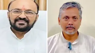 उच्च शिक्षा मंत्री योगेंद्र उपाध्याय और सपा प्रत्याशी आकाश अग्रवाल।