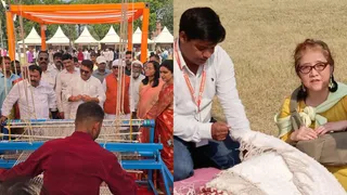 सीतापुर शिक्षण संस्थान पर बनाई जा रही दरी को देखते जनप्रतिनिधि व लोग और सीतापुर शिक्षण संस्थान में दरी के साथ फोटो करातीं जापान की किमको
