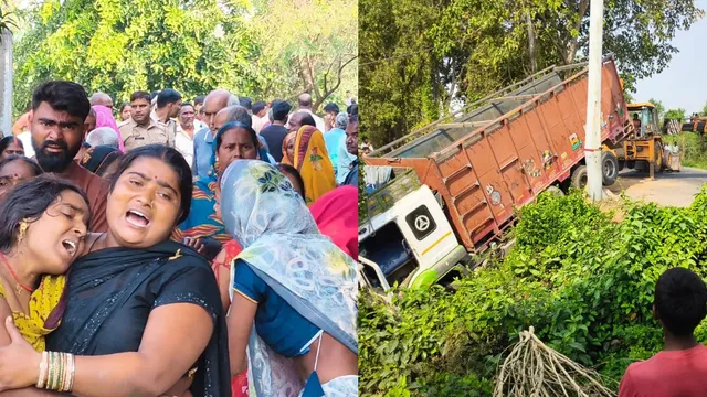 बस्ती में बेकाबू होकर पलटा ट्रक, चपेट में आकर बाइक सवार पिता और दो बेटियों की मौत