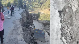 शिमला मटौर हाईवे पर बिलासपुर के खलोटा में धंसी सड़क। जागरण