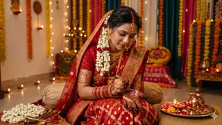 करवा चौथ पर सोलह श्रृंगार और मेहंदी का महत्व (Picture Credit: AI Generated)
