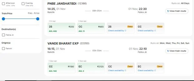 ranchi to bihar train
