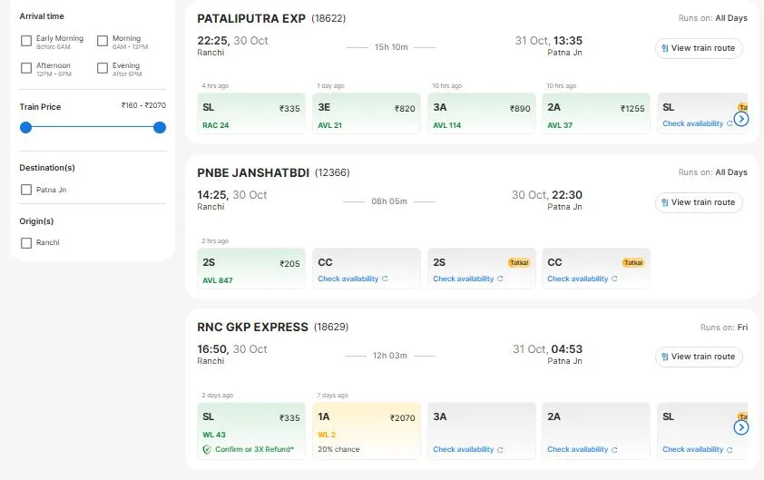 ranchi to bihar train