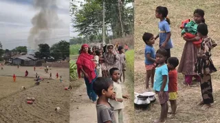 मधेपुरा के शंकरपुर में आगजनी के बाद जले हुए घरों का मलबा और विलाप करते पीड़ित परिवार। सौ. ग्रामीण