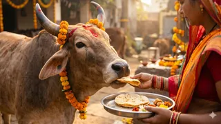 धनतेरस पर गाय को चारा खिलाने का महत्व (Picture Credits- AI Images)