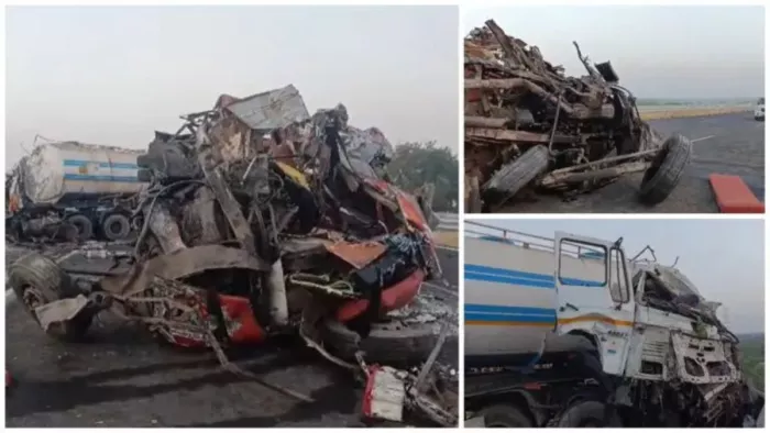 गुजरात के बनासकांठा में टैंकर और लग्जरी बस की टक्कर (फोटो-जागरण)