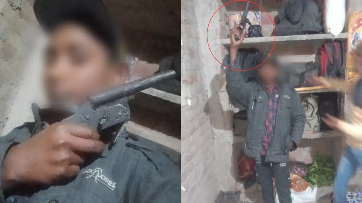 सोशल मीडिया पर देसी पिस्तौल के साथ छौड़ाही के एक नाबालिग का फोटो वायरल। जागरण