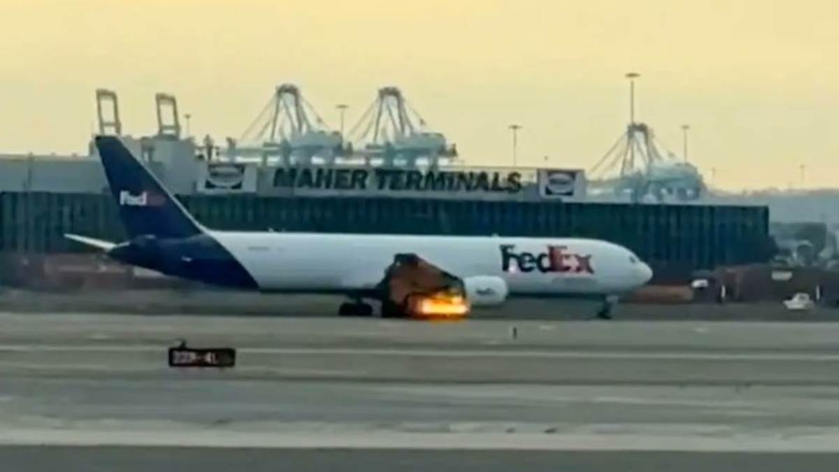 fedex cargo plane makes emergency landing at newark airport after bird strike causes engine fire