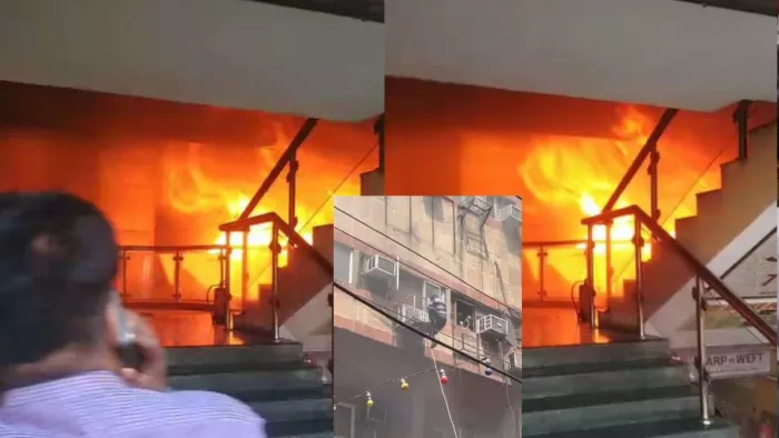 नोएडा में सेक्टर-18 में कृष्णा प्लाजा के भूतल पर दुकान में लगी आग। जागरण फोटो