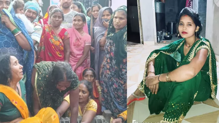 रोते बिलखते परिजन, दाएं मृतक सविता। जागरण