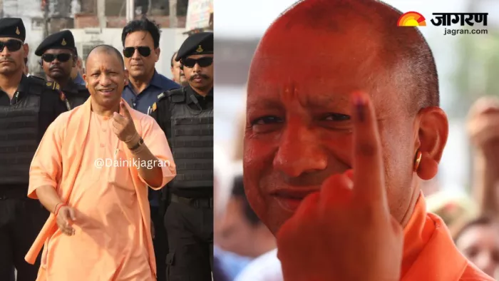 मतदान के बाद उंगली पर स्याही का निशान दिखाते सीएम योगी। अभिनव चतुर्वेदी
