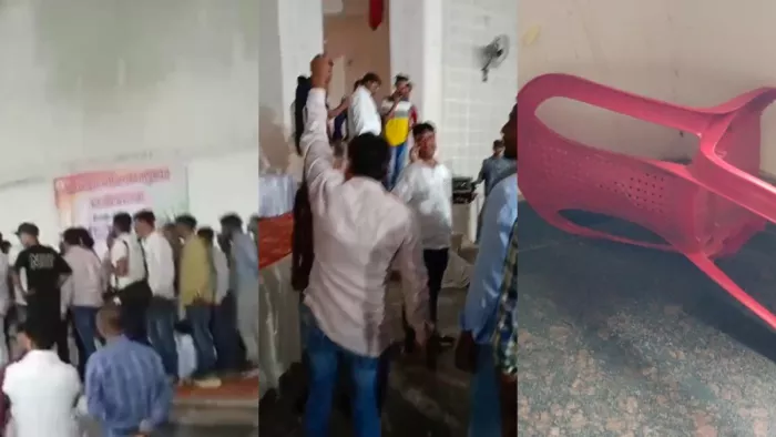 बैठक के दौरान हंगामा करते कांग्रेस कार्यकर्ता। फोटो- जागरण