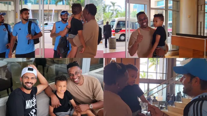 Dwayne Bravo along with son Welcome team India. Image- Screen grab from BCCI Twitter