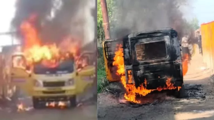 वैन पंडित नगला बाईपास पर जलती हुई।