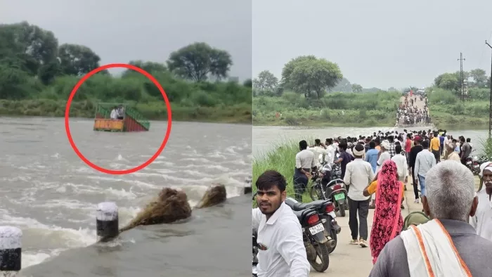 नदी में बह रही कैंटर गाड़ी। जागरण