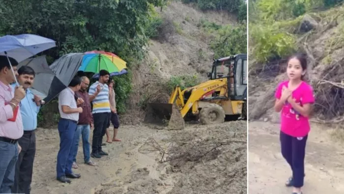 बच्ची का वीडियो वायरल होने के बाद भूस्खलन से बंद सड़क को बहाल करने पहुंचा प्रशासन व कृतिका।