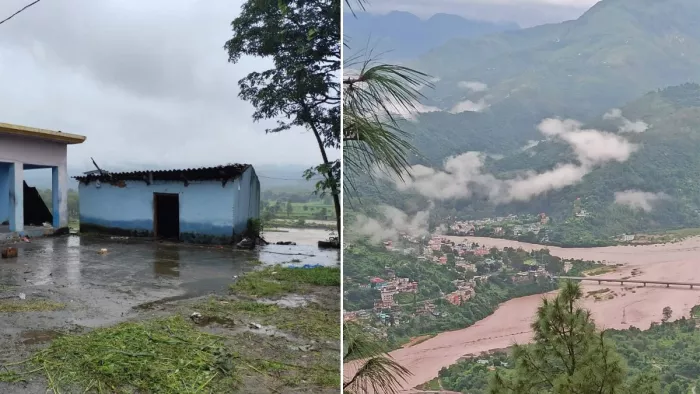 गिरी नदी में आई बाढ़ से पानी रिहायशी क्षेत्र में आने पर खाली करवाई बस्ती व उफान पर नदी। जागरण