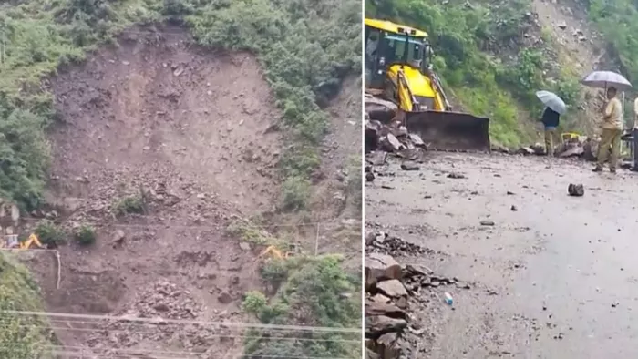 चंबा भरमौर एनएच पर जांघी में दरका पहाड़। जागरण