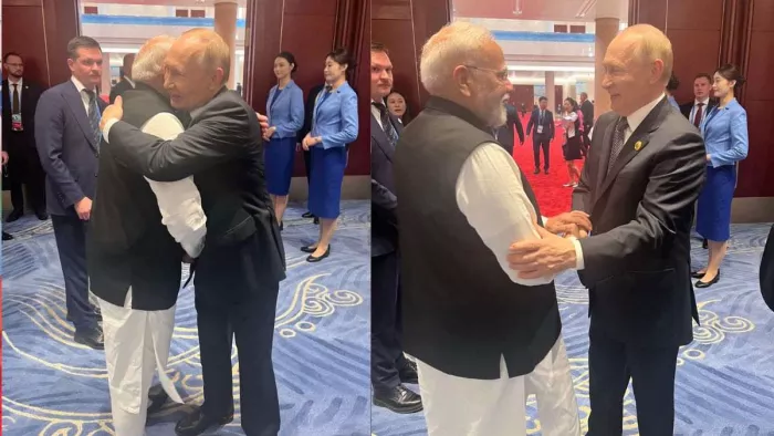 प्रधानमंत्री नरेंद्र मोदी और राष्ट्रपति पुतिन की मुलाकात। फोटो- X/@narendramodi