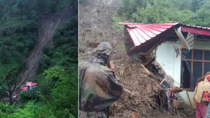 शिमला के जुंगा क्षेत्र में भूस्खलन की चपेट में आया मकान। जागरण