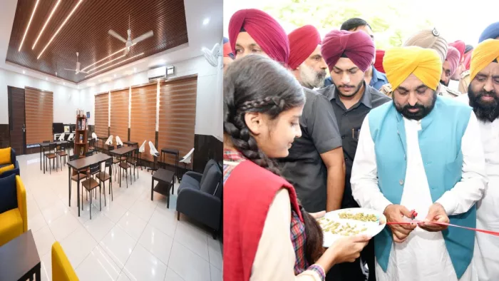 संगरूर के धूरी में मुख्यमंत्री भगवंत मान अत्याधुनिक पुस्तकालय के उद्घाटन के बाद छात्राओं से बातचीत करते हुए।