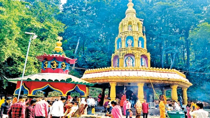 बगहा रेलवे स्टेशन से करीब 45 किलोमीटर दूर नर देवी मंदिर में पहुंचे श्रद्धालु।