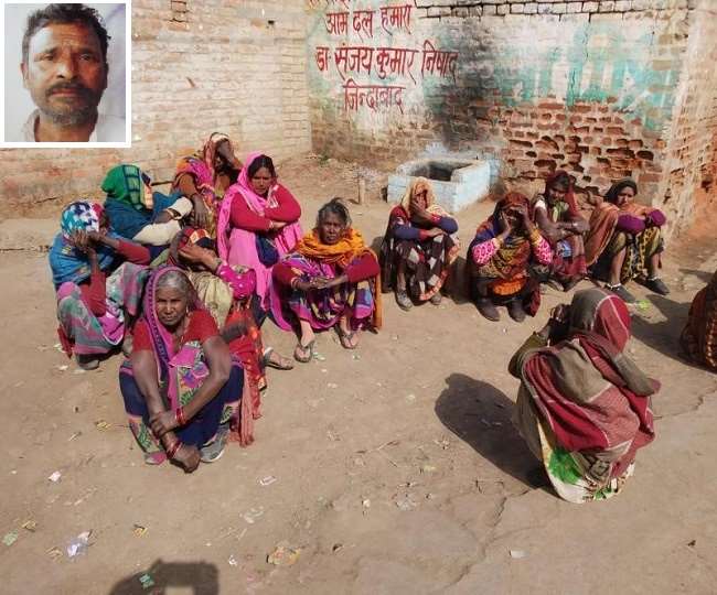 घटना के बाद श्रीराम निषाद के घर के बाहर बैठी महिलाएं व मृतक की फाइल फोटो।