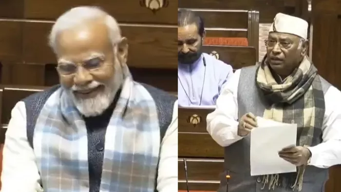 प्रधानमंत्री नरेन्द्र मोदी (बाएं) और राज्यसभा में विपक्ष के नेता मल्लिकार्जुन खरगे (दाएं)