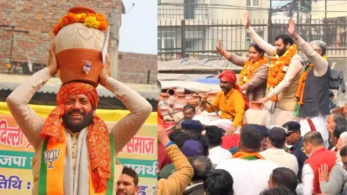 सीएम सैनी दिल्ली विस चुनाव में सिर पर यमुना के पानी का जार (मटका) रखकर चुनाव प्रचार करते हुए