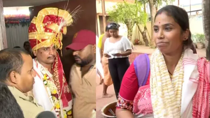 दुसरी शादी कर रहा दुल्हा एवं पहली पत्नी का दावा करने वाली महिला (फोटो- सोशल मीडिया)