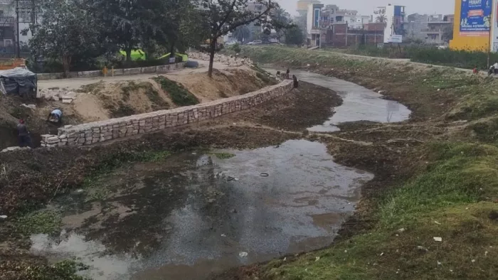 वाटरबाडी के किनारे बनाई जा रही गैबियन वाल। जागरण