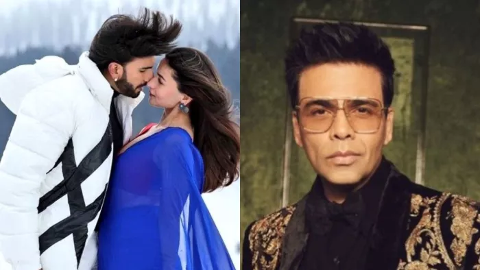Still of Alia Bhatt-Ranveer Singh from Rocky Aur Rani Kii Prem Kahaani (Left) and File Photo of Karan Johar (Right)