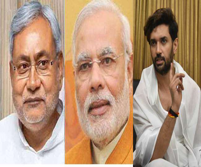 बिहार सीएम नीतीश कुमार, प्रधानमंत्री नरेंद्र मोदी और चिराग पासवान। जागरण आर्काइव।