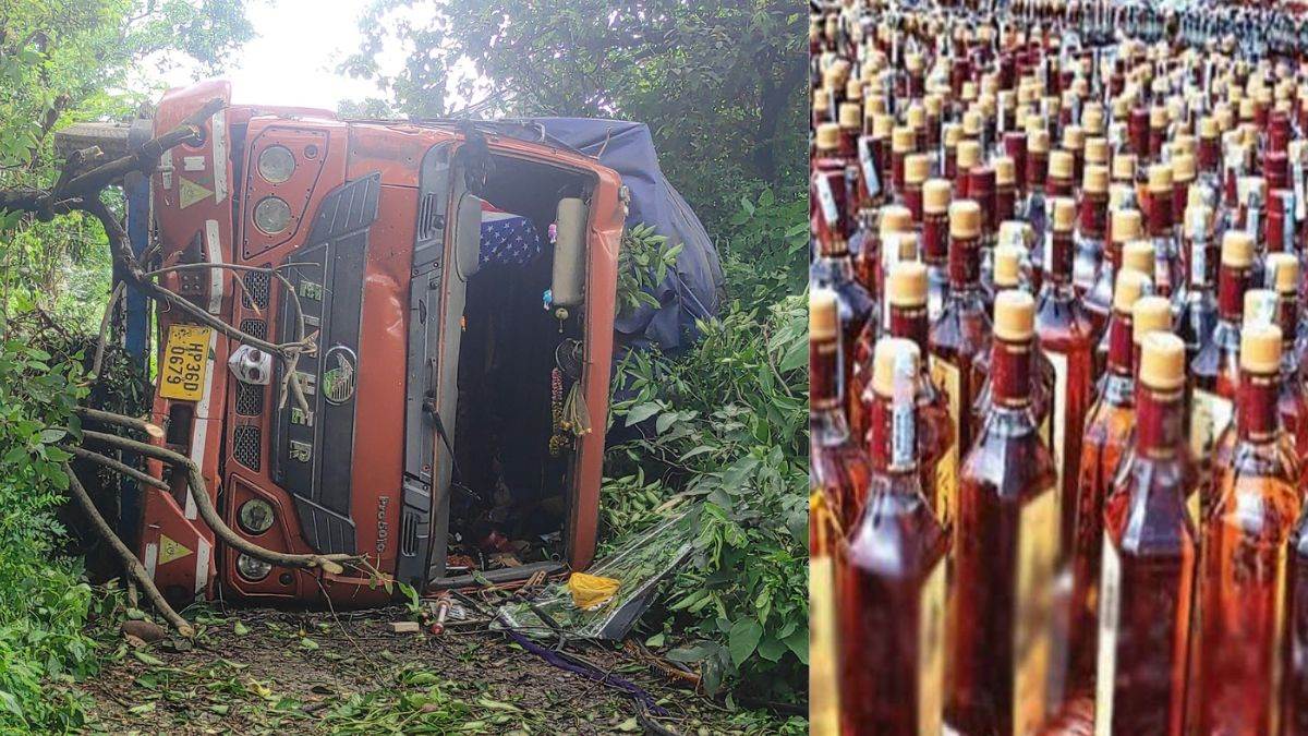 liquor loaded truck overturns in kangra pragpur khuni mod driver injured