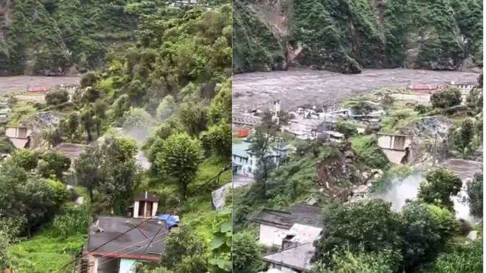 जिला मंडी के औट में मकानों पर गिरी चट्टान।