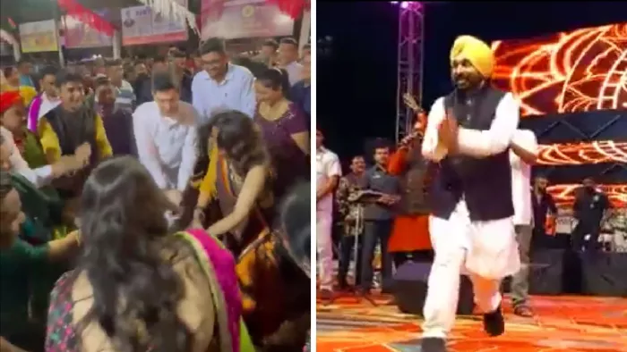 गुजरात में गरबा लोकनृत्य करते राघव चड्ढा व भगवंत मान। फोटो- वीडियो ग्रैब