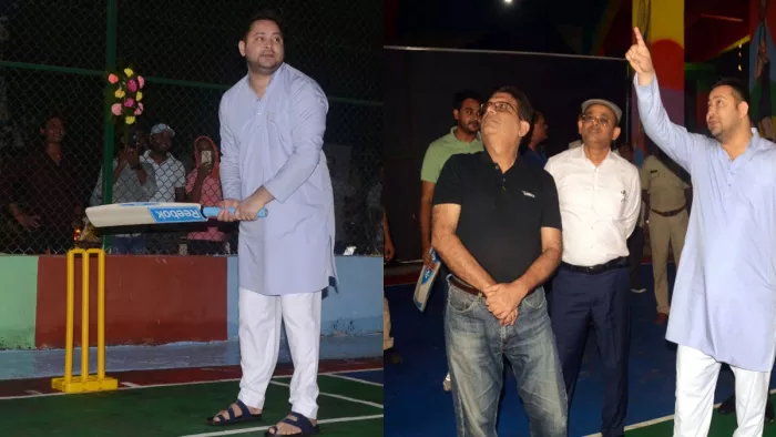 ओवरब्रिज के नीचे नवनिर्मित क्रिकेट कोर्ट का उद्घाटन करते उपमुख्यमंत्री तेजस्वी प्रसाद यादव। फोटो जागरण