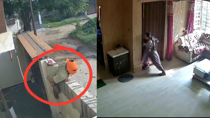 दीवार फांदकर घर में घुसता लुटेरा (बाएं)। लुटेरों को कमरे में घुसने से रोकने के लिए दरवाजा बंद करती मनदीप