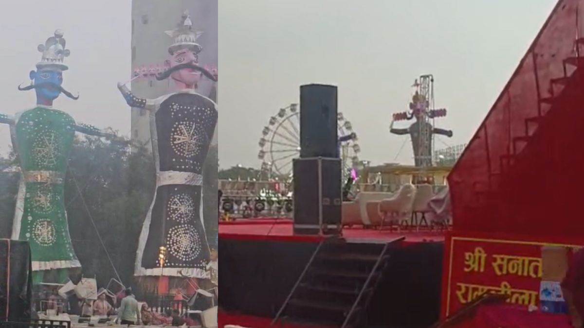 ncr heavy rain lashes in delhi ncr ravana meghnad kumbhkarna effigy getting drenched from ip extension to noida stadium