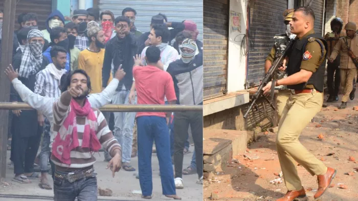 उपद्रव के दौरान पुलिस को ललकारते बवाली और उनका सामना करते एसपी कृष्ण कुमार विश्नोई।- जागरण