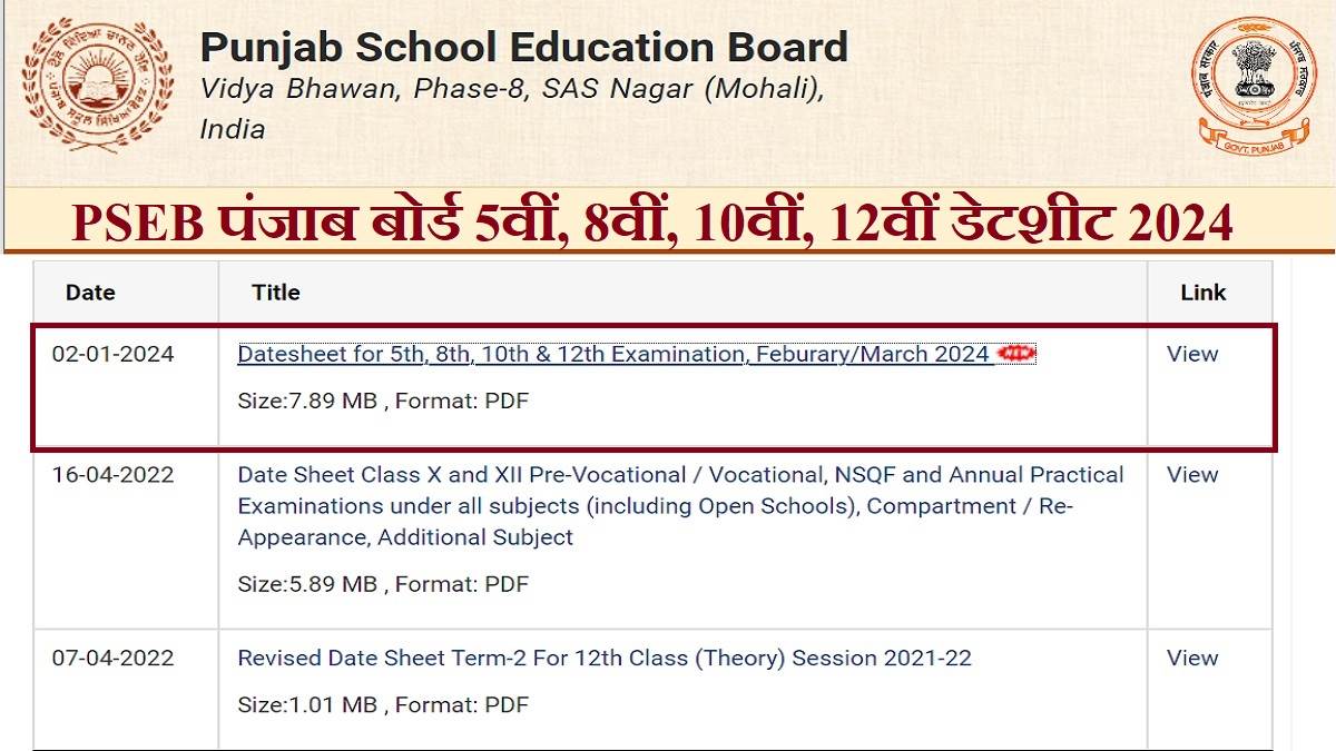 PSEB Date Sheet 2024 पंजाब में 10वीं, 12वीं के बोर्ड एग्जाम 13 फरवरी से, 5वीं और 8वीं के Time