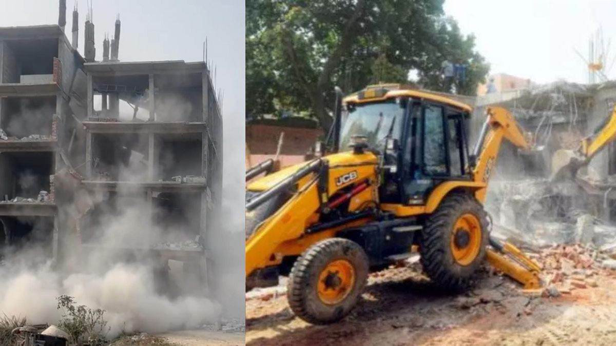 ncr bulldozer action one block of illegal building collapsed and two are on the verge of collapse