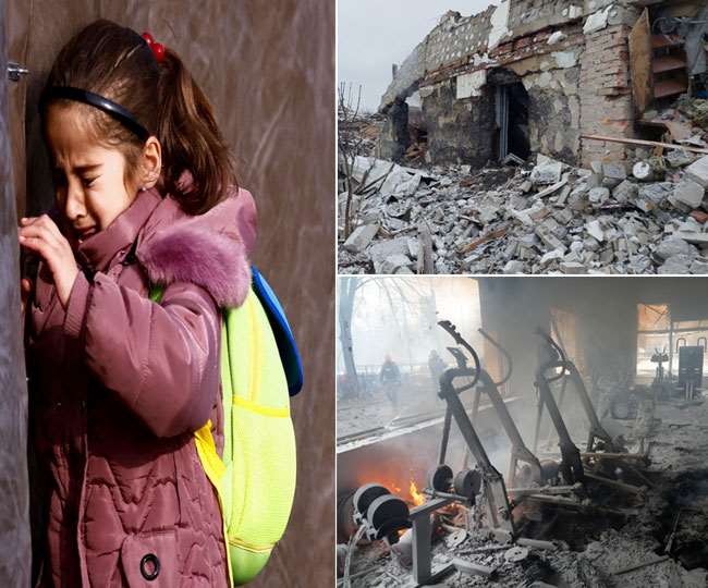 रूसी आक्रमण में यूक्रेन के जाइटोमीर शहर में ध्वस्त हुई रिहायशी इमारतें