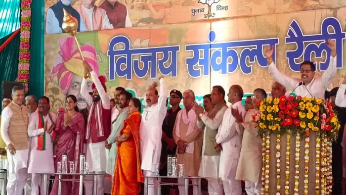 Haryana Lok Sabha Election 2024: छछरौली अनाज मंडी में आयोजित विजय संकल्प रैली में सीएम सैनी।
