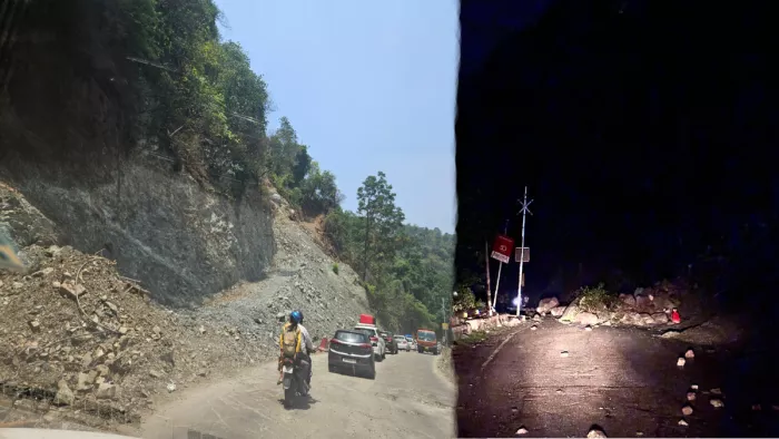 कीरतपुर मनाली फोरलेन पर दरका पहाड़, सैकड़ों वाहन फंसे।