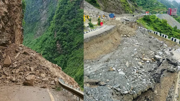 मनाली-कीरतपुर फोरलेन पर मंडी में जोगणी मोड़ के पास हुआ भूस्खलन व पंडोह में क्षतिग्रस्त मार्ग।