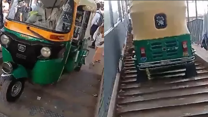 Delhi: सड़क पर लगा जाम तो फुटओवर ब्रिज पर चढ़ाया ऑटो।