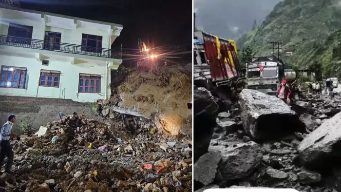 सुंदरनगर में मलबे की चपेट में आए मकान व किन्नाैर में वाहनों पर दरका पहाड़। जागरण