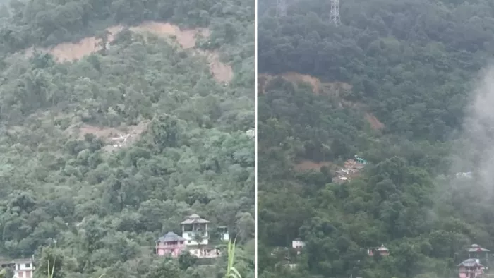 जिला मंडी में जोगिंद्रनगर के कुंडूनी गांव में दरका पहाड़। जागरण