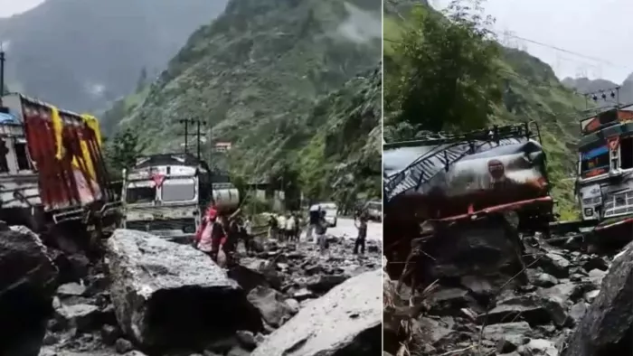 किन्नौर में बंद हाईवे पर खड़े ट्रकों पर पहाड़ी से बरसी चट्टानें। जागरण